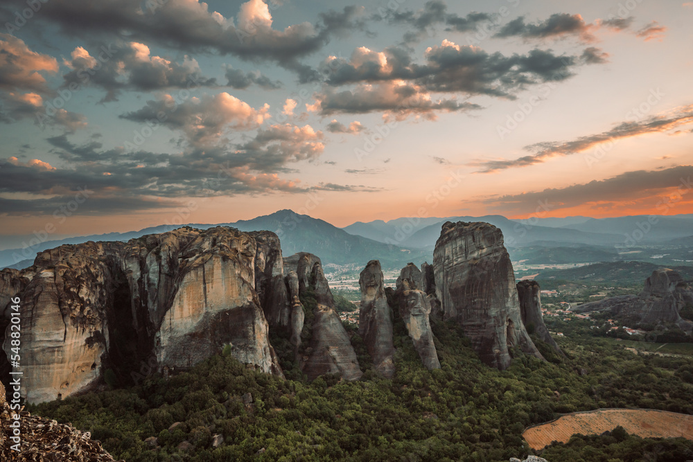 Aerial Drone View of Monastery in Meteora, Greece Golden Hour Sunset Sunrise