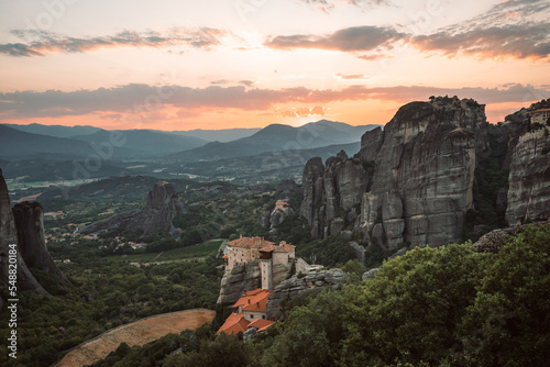 Aerial Drone View of Monastery in Meteora, Greece Golden Hour Sunset Sunrise