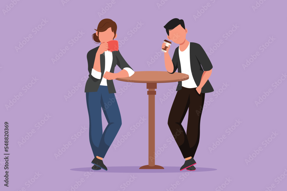 Obraz premium Cartoon flat style drawing loving couple is drinking coffee and stand at table in cafe. Friends or colleagues meeting in bistro, drinking beverage, pastime together. Graphic design vector illustration