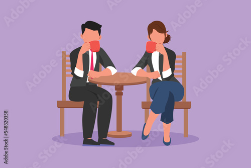 Graphic flat design drawing loving couple is drinking coffee in a cafe. A man and a woman are sitting at a table in cozy restaurant. Breakfast morning daily concept. Cartoon style vector illustration