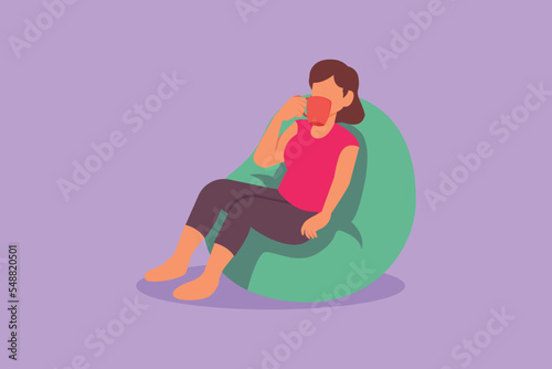 Character flat drawing female relaxing in comfortable soft round chair with coffee or tea cup. Woman enjoying weekend relax at home sitting in fashionable furniture. Cartoon design vector illustration