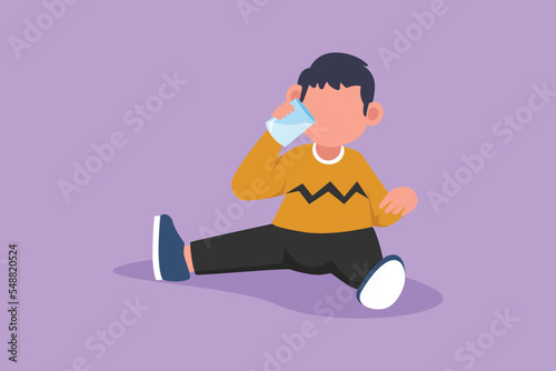 Graphic flat design drawing adorable little boy sitting while holding and enjoying glass of fresh milk to fulfill his body nutrition. Child health and growth concept. Cartoon style vector illustration