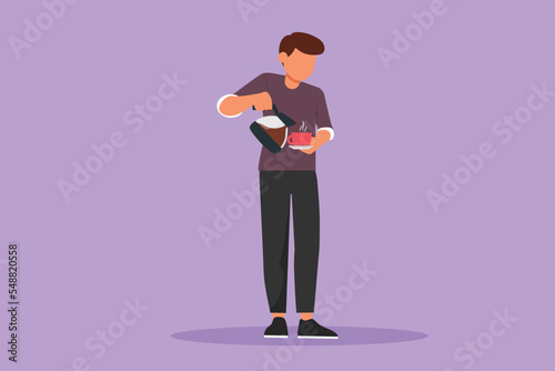 Character flat drawing of young man drinking coffee. Male standing and pouring coffee from kettle into cup. Enjoying weekend relax at home. Breakfast morning daily. Cartoon design vector illustration