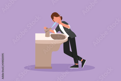 Cartoon flat style drawing young businesswoman who is thirsty drinking at the ready-to-drink taps that are widely available in public spaces. Healthy and freshness. Graphic design vector illustration