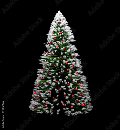 Weihnachtsbaum mit Roten Kugeln isoliert vor dunklem Hintergrund