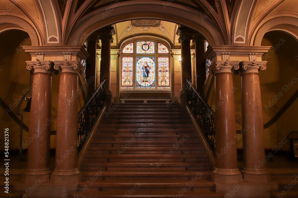The interior of city hall with stained glass at Liberec, Czech republic