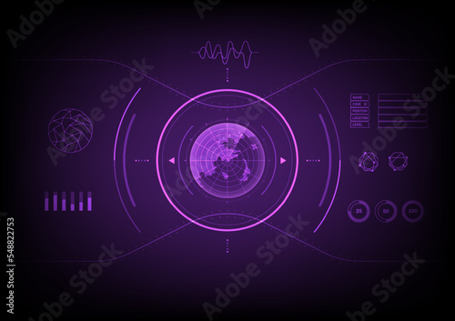 Hi-tech radar-scanning screen that glows There is a circle on the outside. has a curve with a point There is an energy scale, there is a graph, the background is gradient, purple.