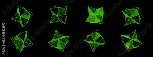 Set of cyberpunk various textured volumetric polyhedrons. Metageometry. Psychedelic retro futuristic collection. Surreal vector elements and signs in trendy psychedelic. Design elements for poster, co