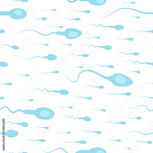 Seamless ornament of spermatozoa swimming in one direction. Flat style medical biological pattern.