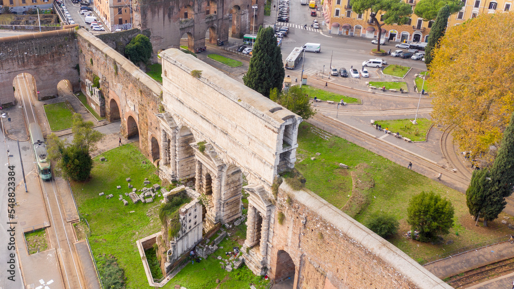 Aerial view of Porta Maggiore, one of the eastern gates in the ancient Rome. It was one of the gates in the Aurelian Walls of Rome, Italy. The whole area nearby is rich in ancient finds.