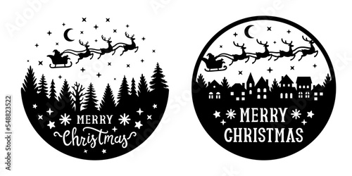 Merry Christmas vector round door sign. Santa Claus flies in a sleigh with reindeer over the city and trees. Templates for laser or paper cutting. Isolated on white background.