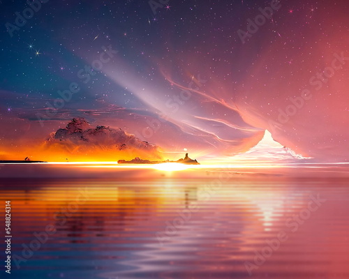 night clorful sky on sunset at sea water reflection gold sun beam and starry sky star fall flares sun down blue pink orange nature landscape