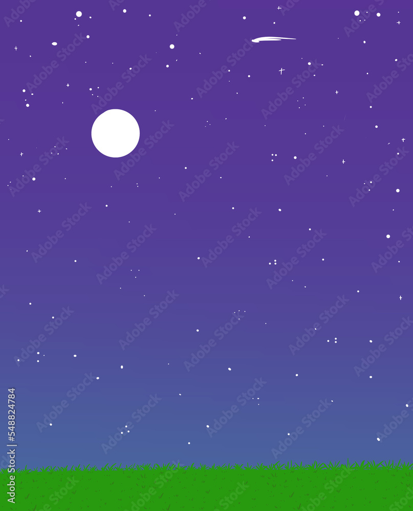 Fondo con cielo estrellado, luna y pasto