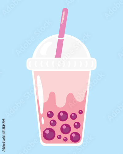 Bubble tea - or pearl boba milk tea - cute vector illustration in simple flat style isolated on white. Cute plastic cup with lid and straw and bright tapioca balls