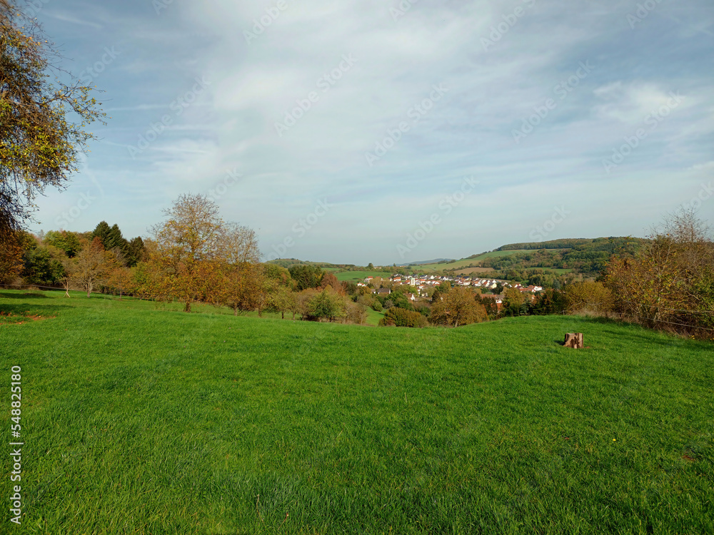 Blick auf den Ort Brücken in der Verbandsgemeinde Oberes Glantal im Landkreis Kusel, Rheinland-Pfalz, vom Wanderweg Traumtour Diamant.