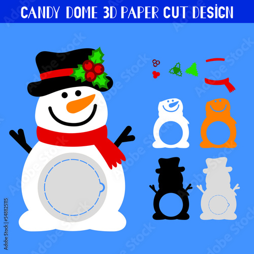 3D Christmas Snowman candy dome holder. Paper cut template. Vector illustration. Cute holiday symbol. Winter decoration. 3D layered christmas ornament.