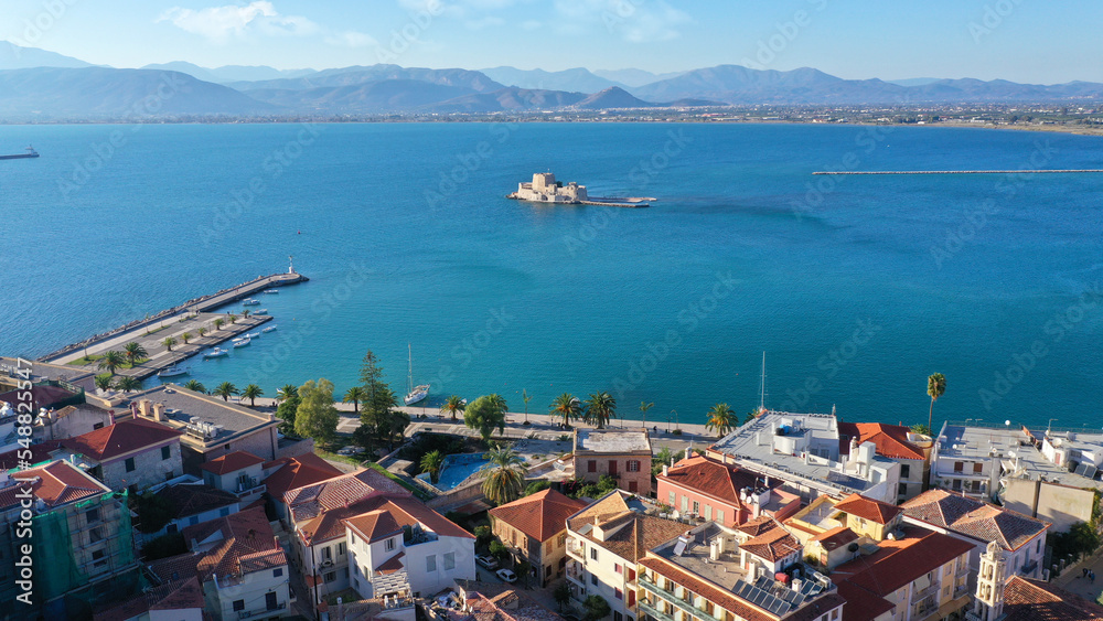 Aerial drone photo of picturesque  seaside promenade in old town in city of Nafplio, Argolida, Peloponnese, Greece