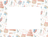 Template for Birthday greeting card. Hand drawn watercolor Frame for invitations in cute pastel pink and blue colors. Postcard with presents, cakes and garlands on isolated background. Space for text.