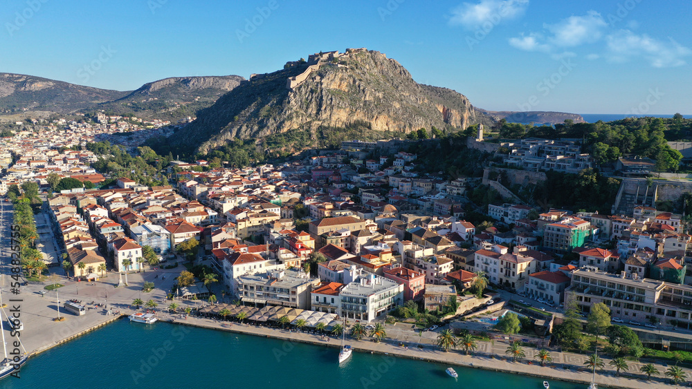 Aerial drone photo of iconic fortress of Palamidi built uphill overlooking old city of Nafplio well known for its 1000 stairs to reach the top , Argolida, Peloponnese, Greece