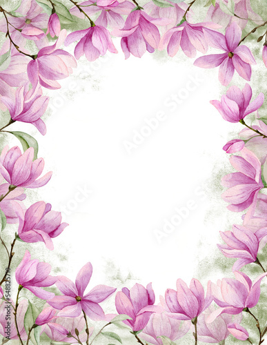 Watercolor frame with Pink Magnolia branches. Hand drawn illustration with Flowers and leaves. Isolated background for wedding invitations or greeting cards. Floral Template for any design