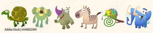 Set of funny animals isolated on white background. Cartoon turtle koala rhino zebra chameleon and elephant