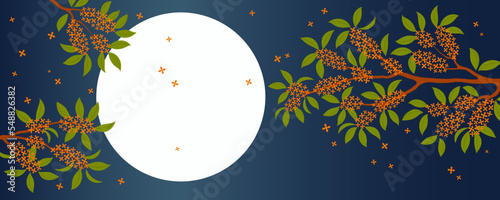 Traditional Asian background, scene with osmanthus blossoms, flowers, fragrant olive tree in bloom, full moon. Oriental, eastern style vector illustration. Design concept for summer, autumn promotion