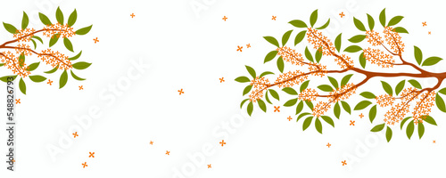 Traditional Asian background with osmanthus blossoms, flowers, fragrant olive tree branches in bloom. Oriental, eastern style vector illustration. Design concept for summer, autumn promotion, sale.