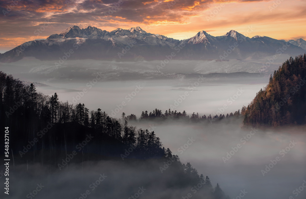 Winter landscape of the Slovak Tatras at sunset.