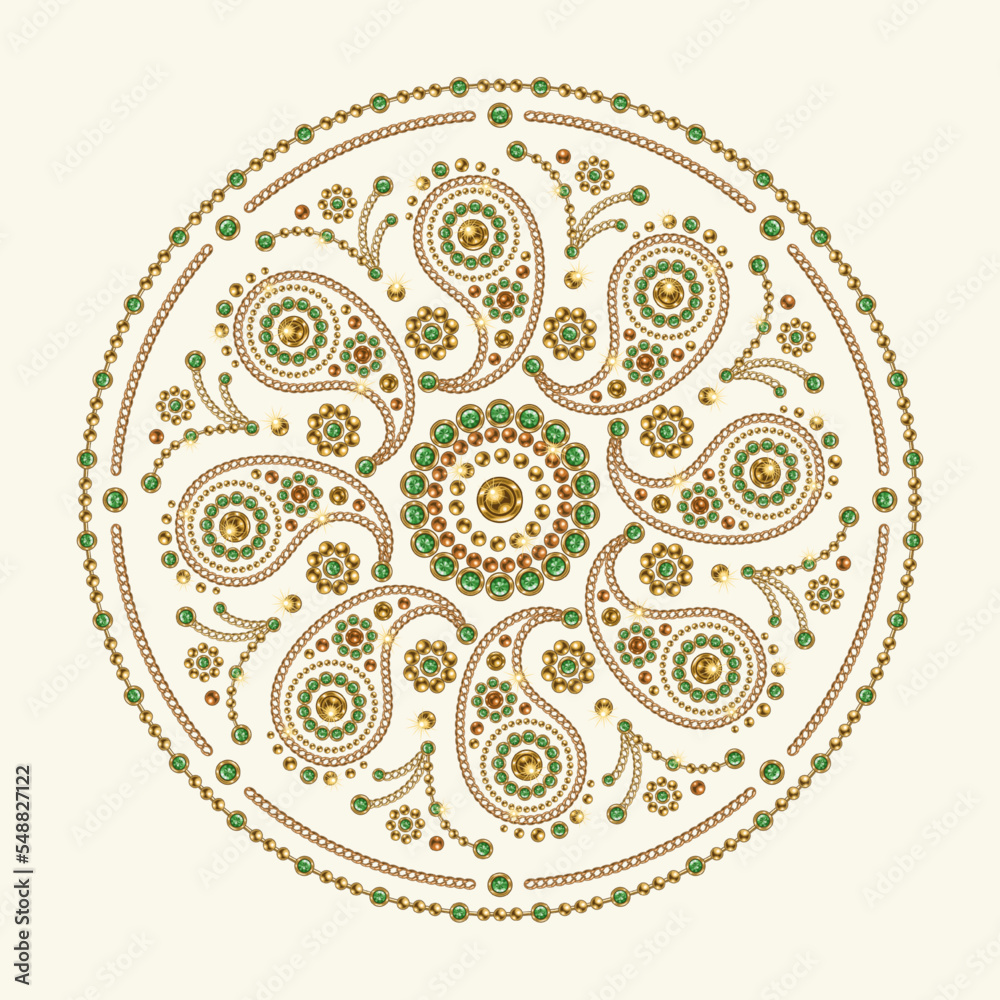 Jewellery luxury mandala with paisley motifs Round ornament made of gold jewelry chains, green gems, rhinestones, ball beads in vintage style. For prints, poster, cover, textile, surface design
