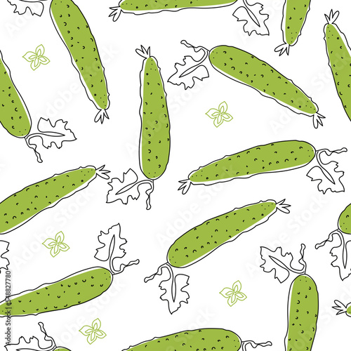 Cucumbers pattern. Seamless backgrounds, texture, wallpaper. Bright decor. Hand drawn . Vector illustration on orange background.	