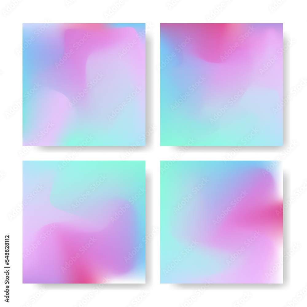 Dreamy mesh gradient backgrounds set. Aesthetic social media square post template collection in pink, violet and blue color. Abstract modern art cover design for brochure, banner, flyer, presentation