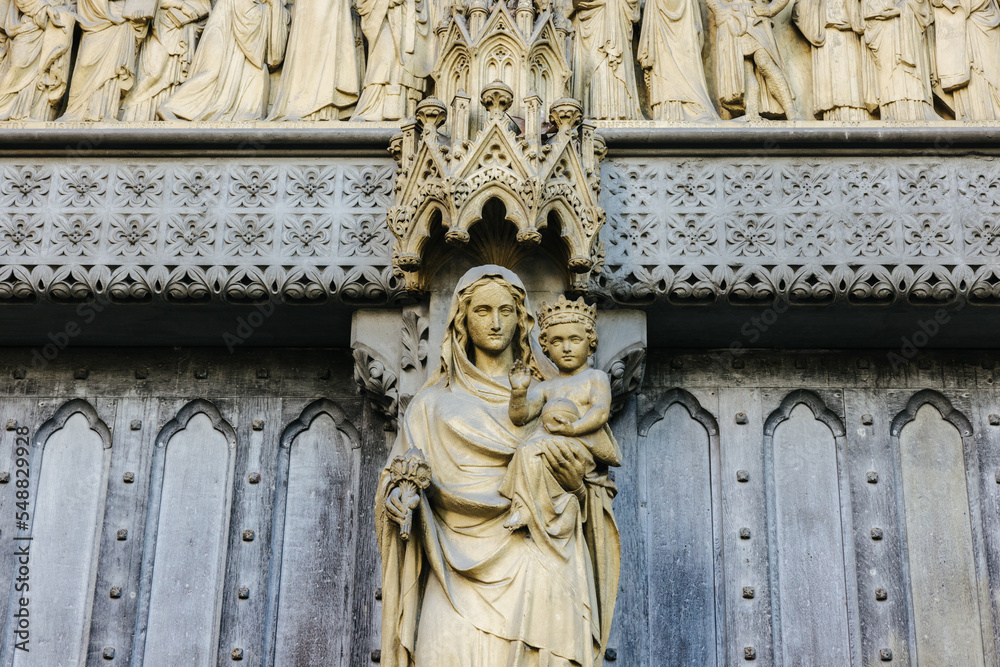 Statues on the facade of the Westminster Abbey Cathedral in London, England