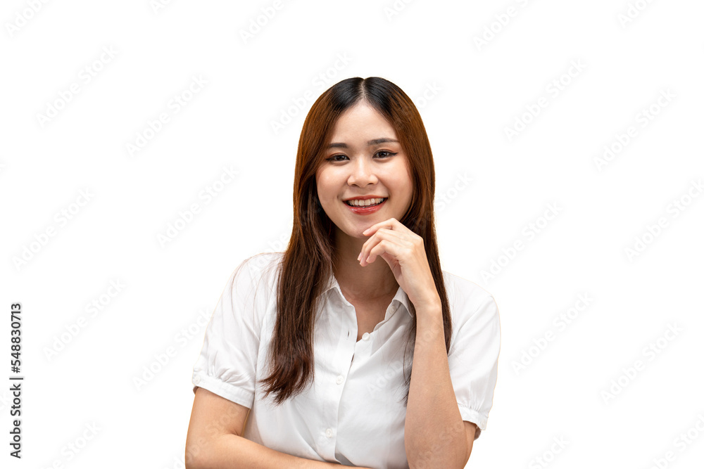 Young asian woman wearing white short sleeve shirt and smiling while crossed one arm and use hand to touching chin to thinking something isolated over yellow background Young asian woman wearing white short sleeve shirt and smiling while crossed one arm and use hand to touching chin to thinking something isolated over yellow background
