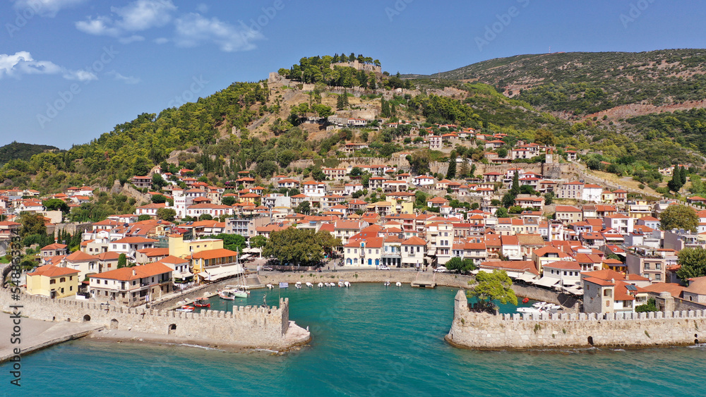 Aerial drone photo of picturesque old city of Nafpaktos famous for Venetian old harbour resembling a small fortified port, Greece