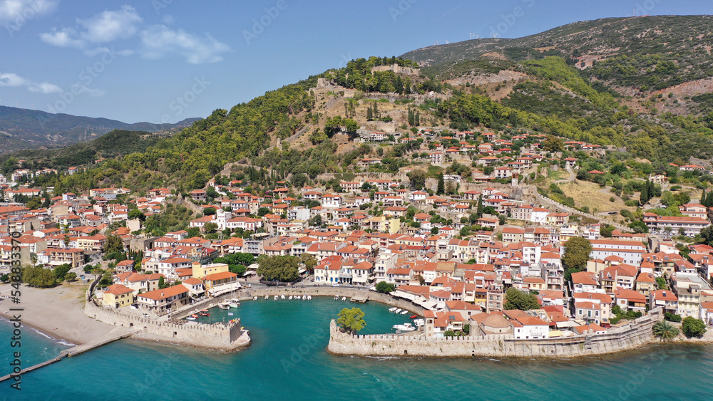 Aerial drone photo of picturesque old city of Nafpaktos famous for Venetian old harbour resembling a small fortified port, Greece