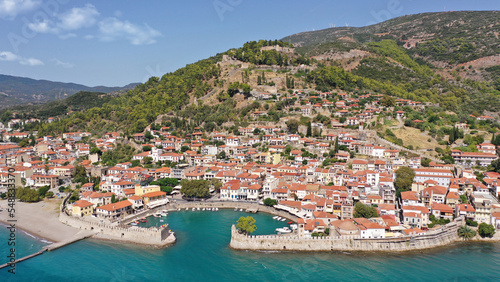 Aerial drone photo of picturesque old city of Nafpaktos famous for Venetian old harbour resembling a small fortified port, Greece © aerial-drone