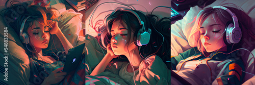 Lofi girl laying on the bed. Smooth atmosphere  hip hop. Soft colors  soft lights. Cozy illustration with girl. colorful background with butterflies  collection