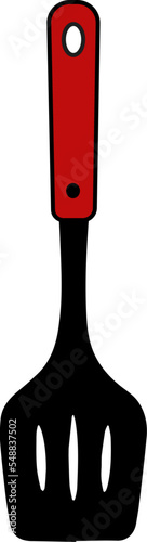 flat slotted black outline spatula with red wooden holder