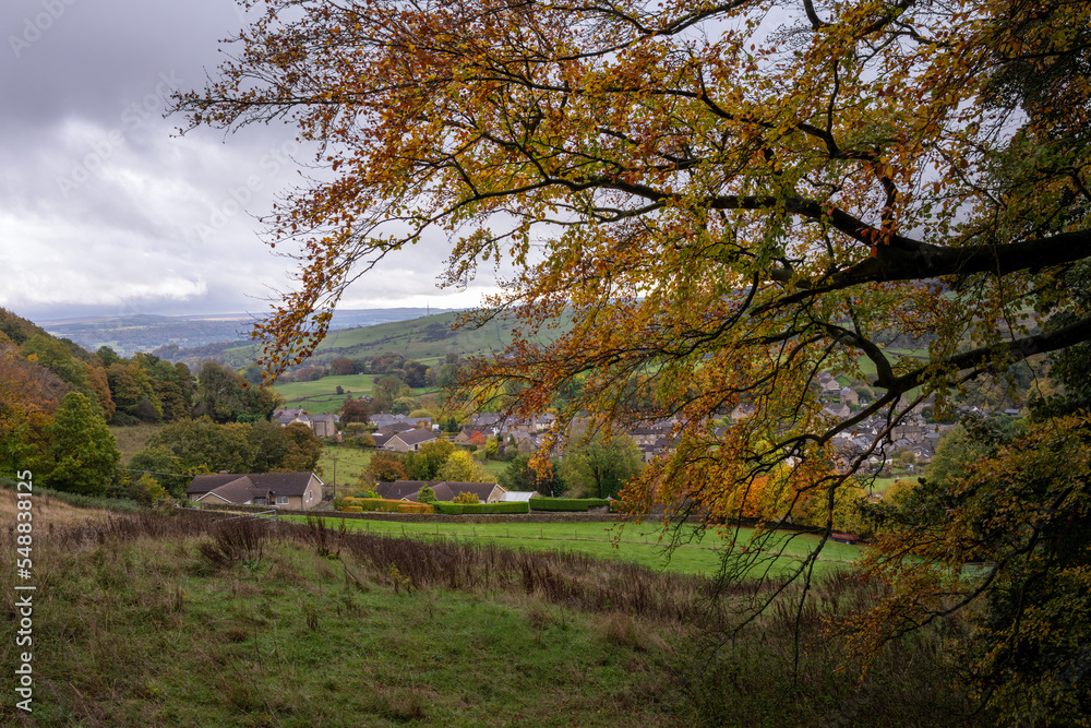 Walking in the Hope Valley on an autumn cloudy afternoon, view of Eyam, Peak District, England Walking in the Hope Valley on an autumn cloudy afternoon, view of Eyam, Peak District, England