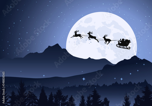 Santa's Sleigh, Illustration of Santa Claus driving his sleigh with reindeer running in the moonlight and starlight in the mountain and forest. Merry Christmas, happy new Year greeting card 