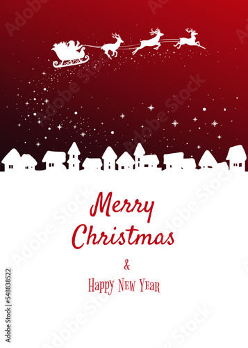 Merry Christmas and Happy new Year greeting cart, template, Red colour. Flying reindeer and Santa sleigh with Christmas gifts
