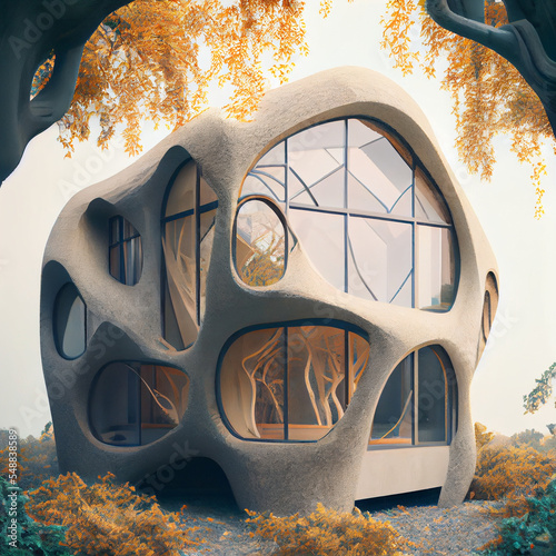 Home of the Future - 3D printed with foliage, surrounded by nature.  photo