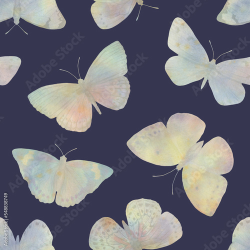 butterflies seamless pattern, watercolor illustration, abstract background for design, wallpaper, wrapping paper, textile. © Sergei