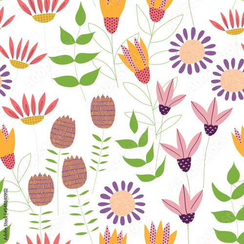 Seamless pattern with hand drawn flowers on a white background. 