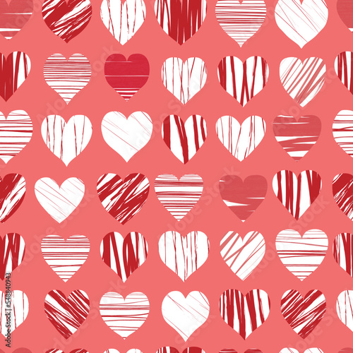 Seamless pattern with hand drawn hearts with brush texture. 