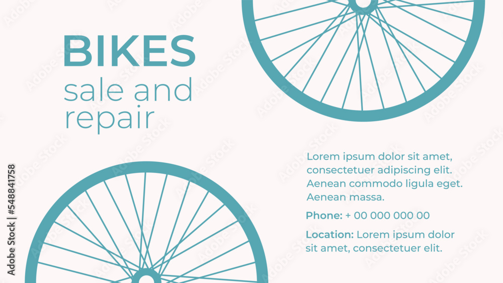 Bicycle shop and repair business card. Sale of bikes. Spare parts for