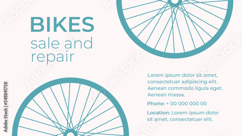 Bicycle shop and repair business card. Sale of bikes. Spare parts for repair and maintenance of bicycles, workshop. Frame. Saddle. Brake. Pedal. Tire. Fork. Wheel. Flat vector illustration. isolated