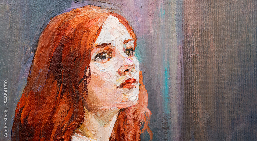 Oil painting. Portrait of a girl on a grey background. The art is done in a realistic manner.