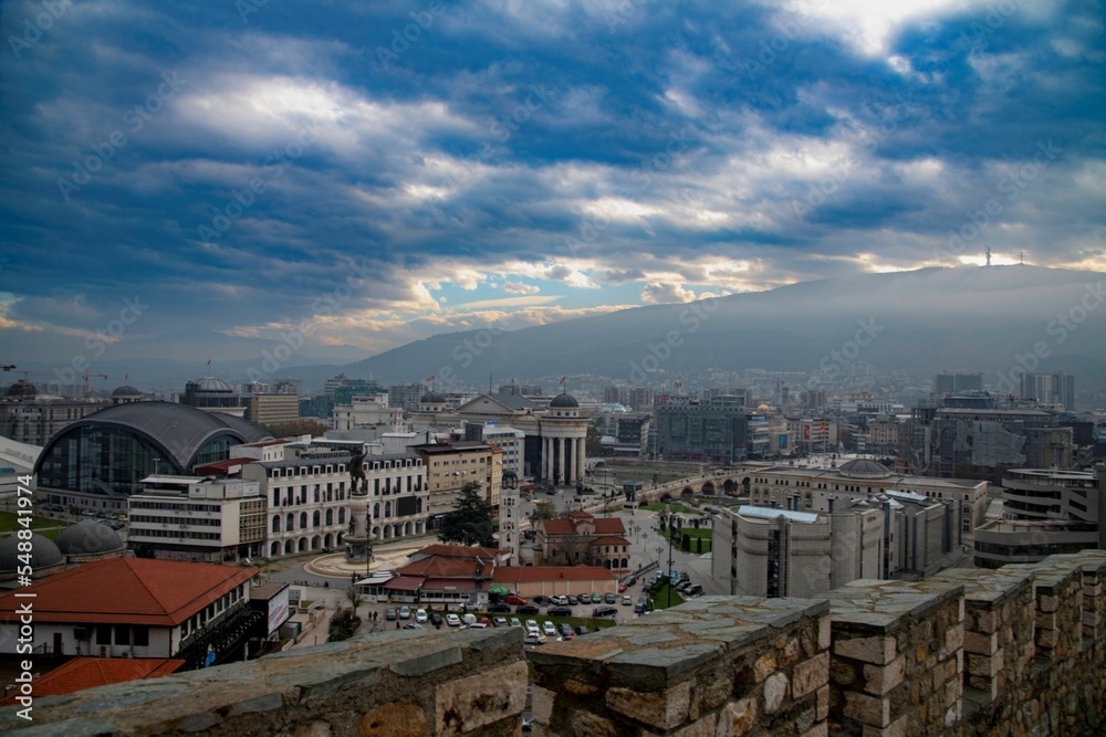 overlooking the Macedonian capital city of Skopje with cloud sky