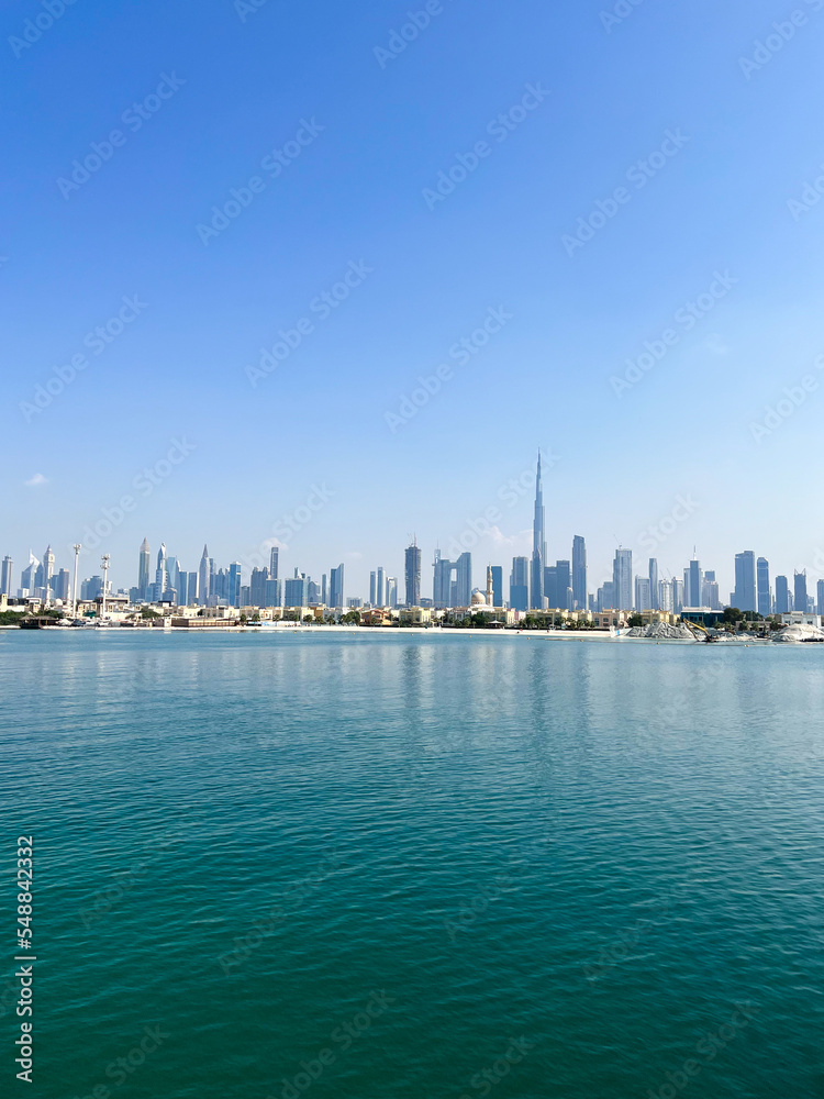 Panoramic view on Dubai skyline from the sea